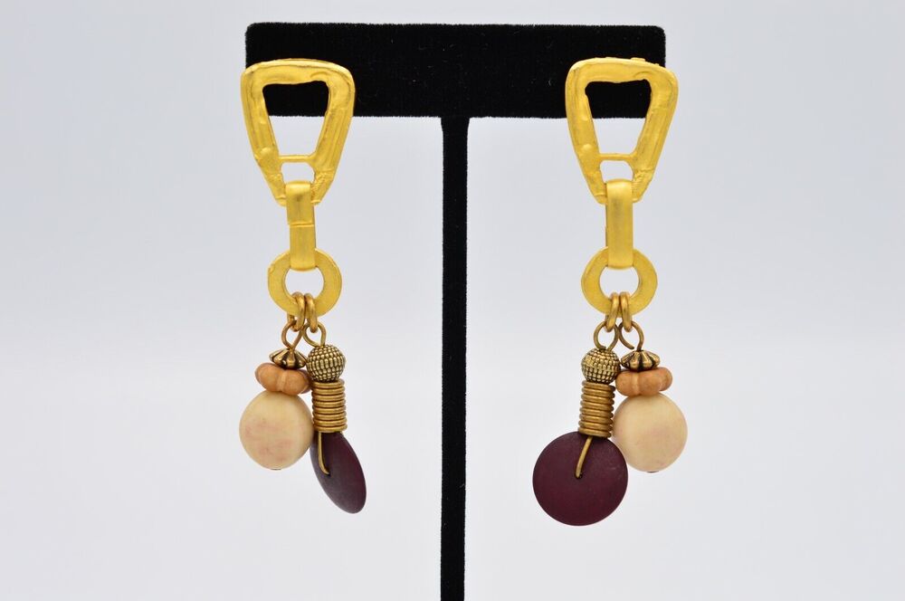 Vintage Dangle Earrings Brushed Gold Wood Beaded Chunky Long NOS 1980s BinH